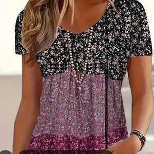 Floral Tiered Short-Sleeve V-Neck Top Ditsy Floral Mauve Black Berry Sm Short Sl